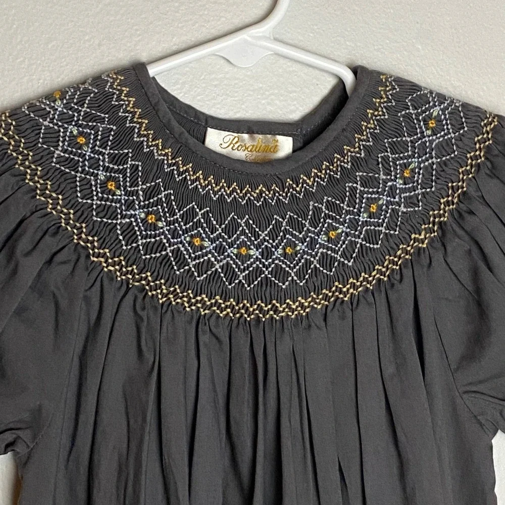 Rosalina Collections Smocked Dress Girls‎ 3T Gray Puff Sleeve Embroidered